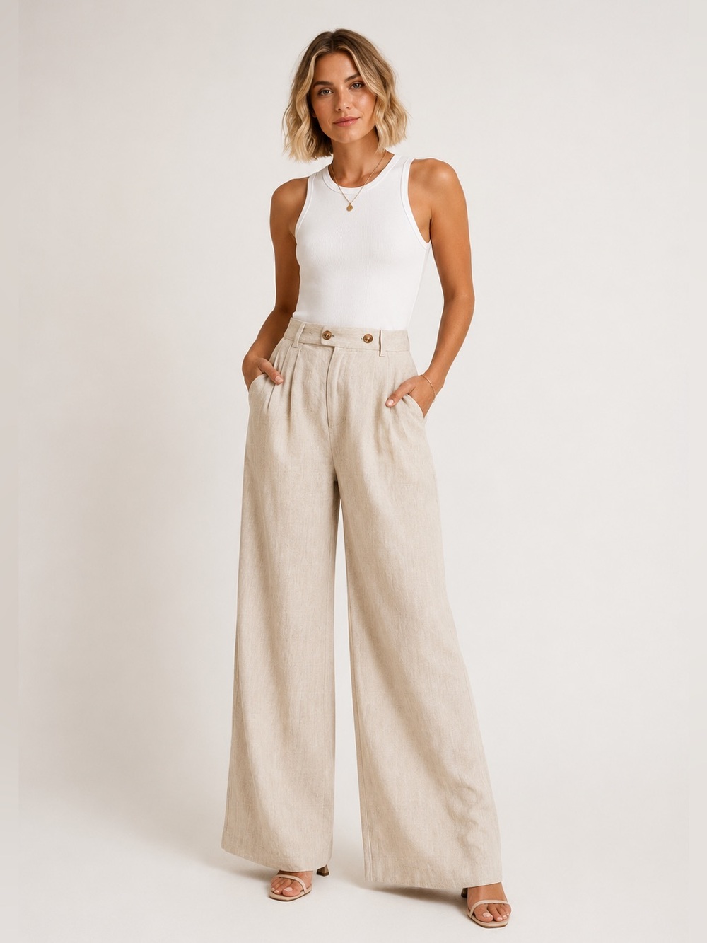 Wide Leg Beige Linen-blend Pants Size Large